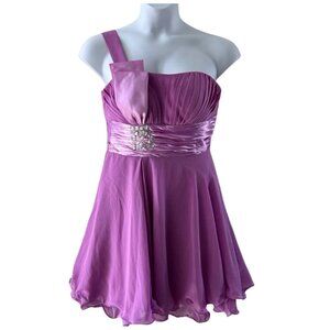 One Shoulder Pink Cocktail Dress With Pleated Bodice & Embellished Waist